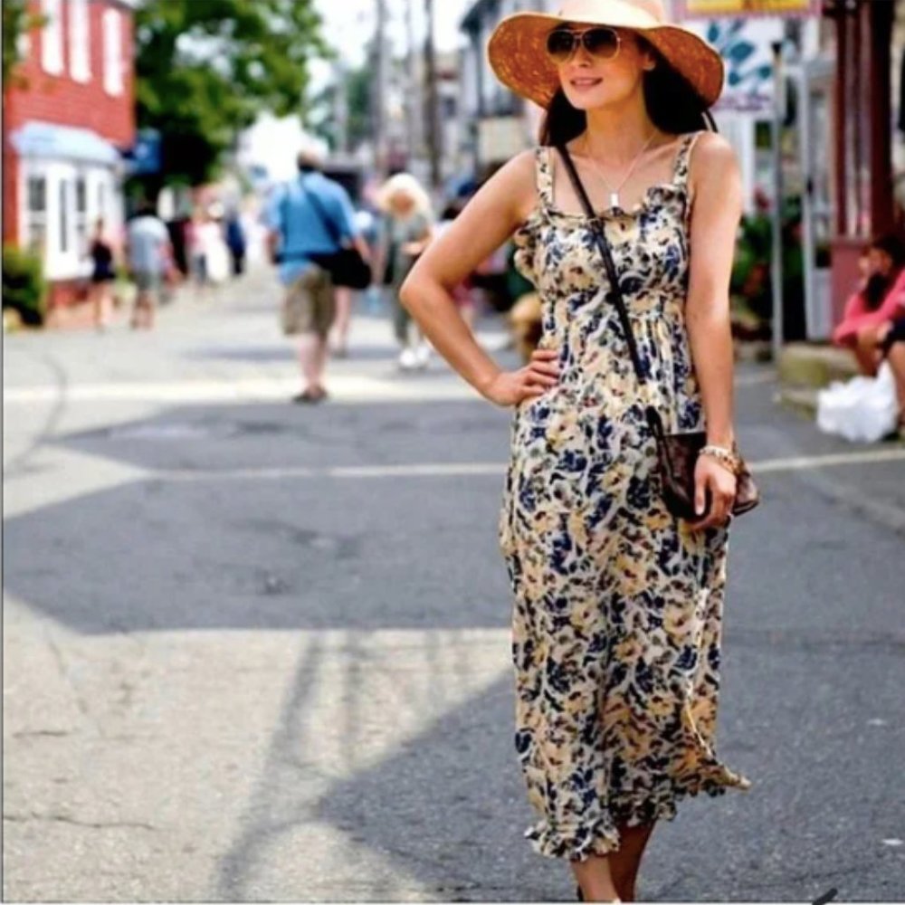 Anthropologie Moulinette Soeurs Hydrangea Floral Silk Maxi Yellow Blue Dress 8